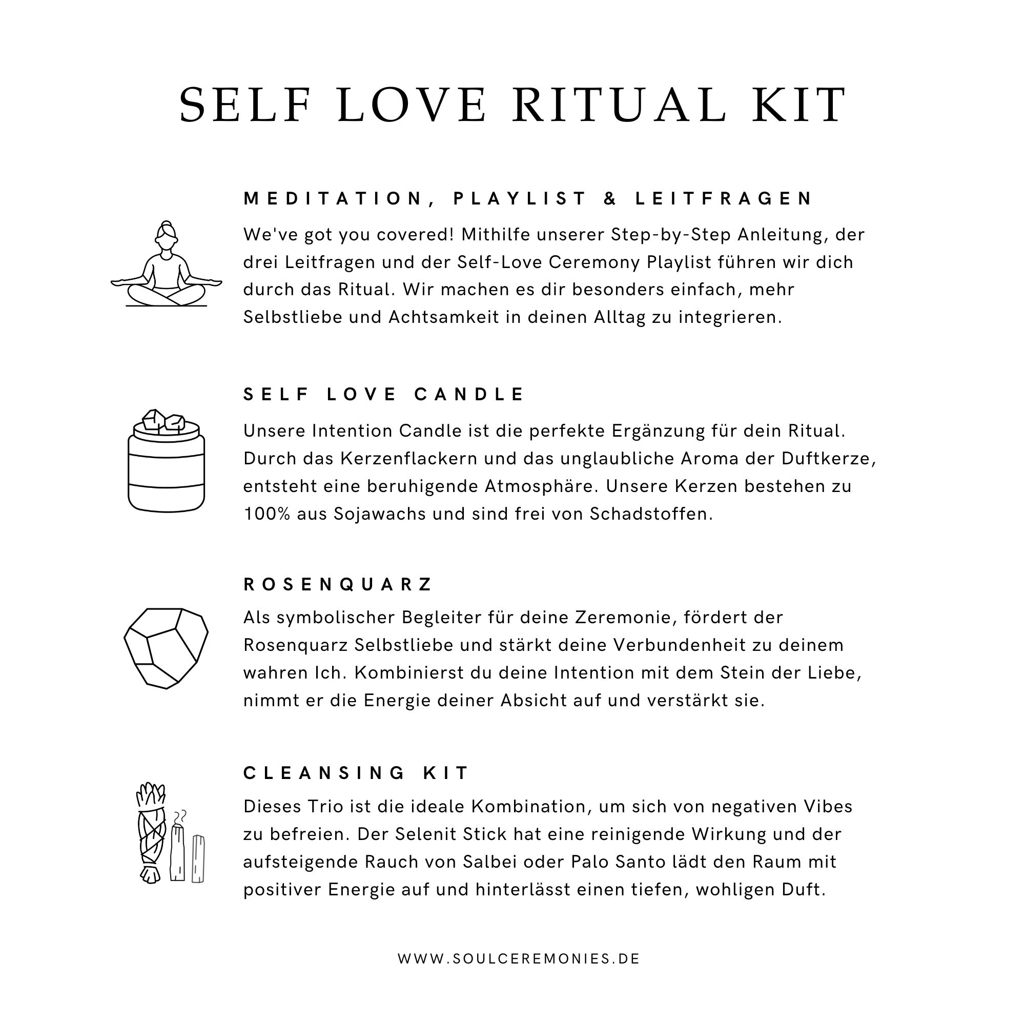 Infografik: Selbstliebe Ritual-Kit in hochwertiger Magnetbox mit Rosenquarz-Kristall-Kerze, Rosenquarz Trommelstein, Leitfragen für mehr Selbstliebe, Meditation & Selbstliebe-Playlist